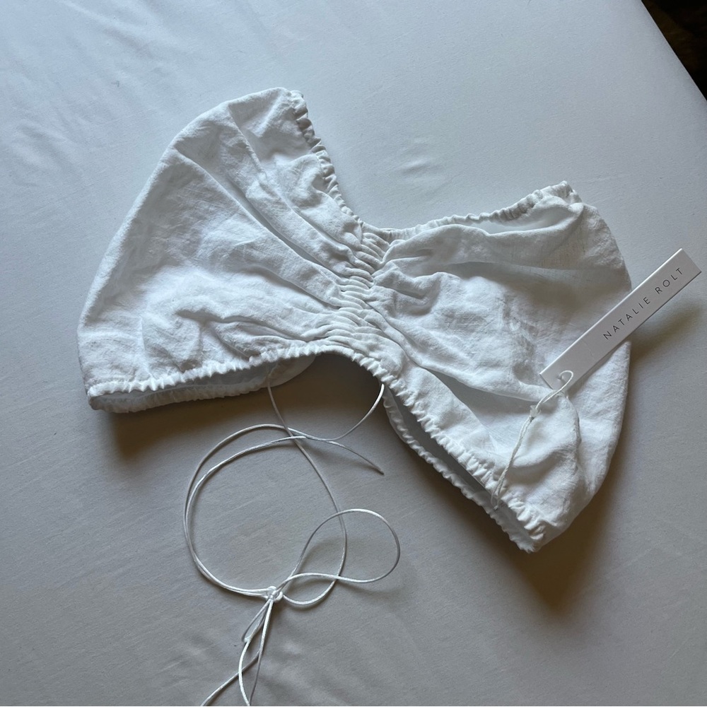 Nwt Natalie Rolt White Linen Ruched Cropped Halter Neck Cropped Top — image 3 of 5